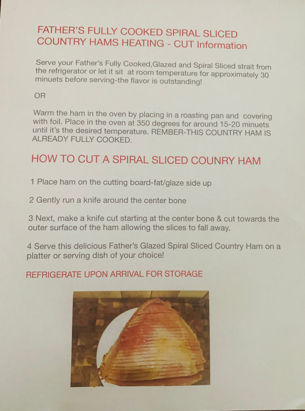 Father's Fully Cooked Spiral Sliced Honey Glazed Country Ham - SCHH